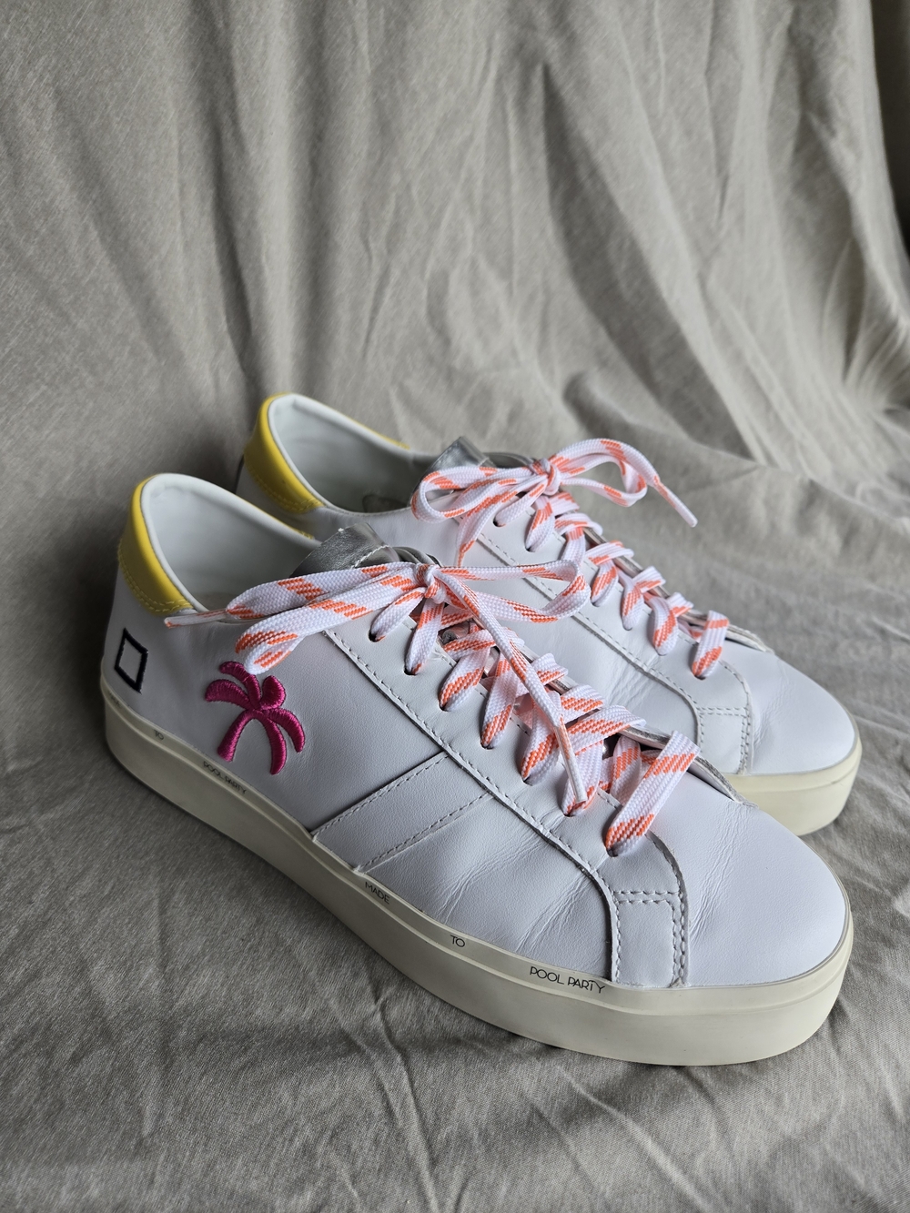 D.A.T.E. Hill Low Premium Italian Leather Sneakers White Pink Palm Tree US 7